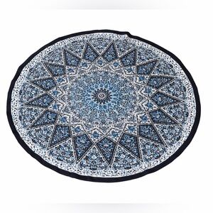 Round Blue Mandala Beach Towel in blue and black print